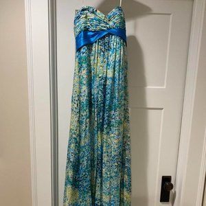 BCBG MaxAzria Prom Dress Size 0 XS Floral Strapless Long Corset Gown Blue Green